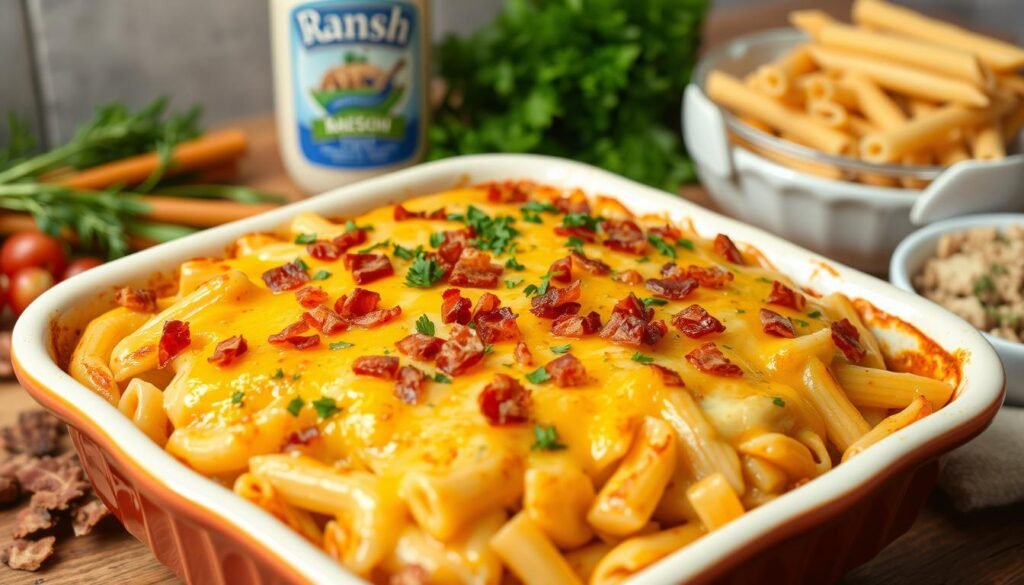 chicken bacon ranch pasta bake