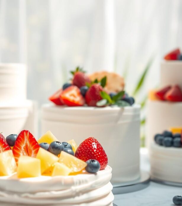 "Fruit-topped simple wedding cakes for summer"